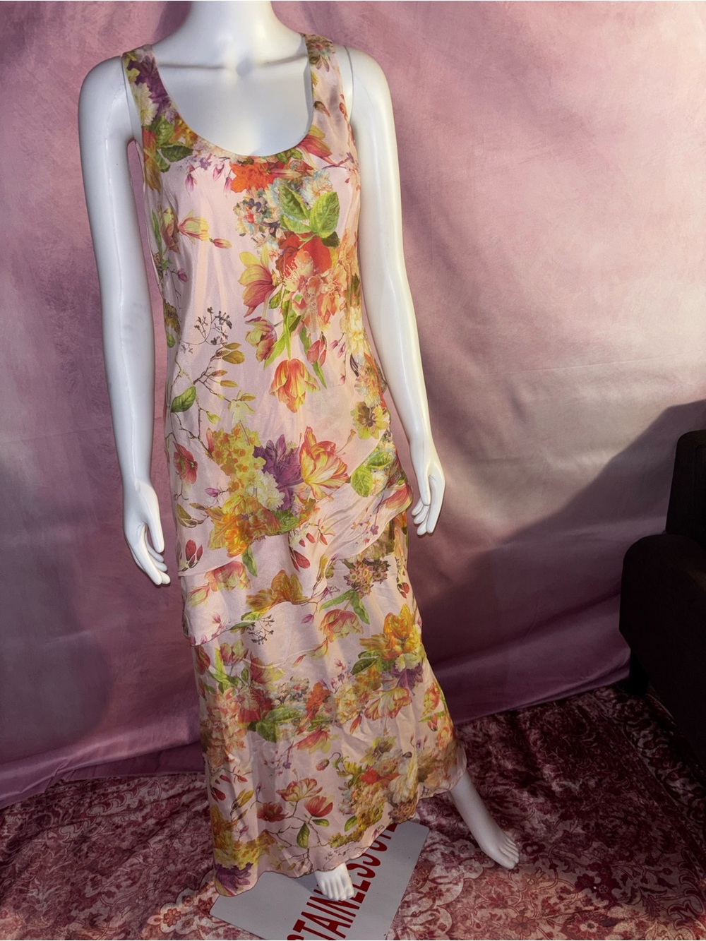 100% Silk lining Sundance Pink Floral Scoop Neck Maxi Dress